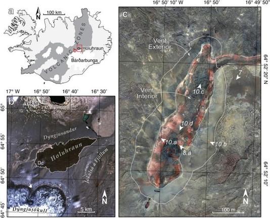 a Geologic and geographic context of Holuhraun in central Iceland, situated in the volcanic zone just north of the subglacial Bárðarbunga volcano. B Landsat 8 Operational Land Imager scene acquired July 4, 2020. The Holuhraun lava flow is outlined in white, with location of the Baugur vent indicated by the small rectangle marked c. c Orthophoto mosaic of Baugur derived from 20 cm unoccupied aircraft system (UAS) data (“Aerial topographic surveys”). White solid and dotted lines indicate the boundaries of the Vent Exterior and the Vent Interior, respectively. Locations of field photos in Figs. 7, 8, and 10 marked in c with look directions indicated by white arrows