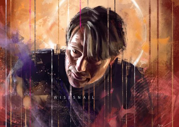 Portrait of Mads Mikkelsen as Hannibal. He's leaning towards something, looking intently at it. The figure is quite dark, while the background is in lighter tones of red and orange. A white halo surrounds his head.