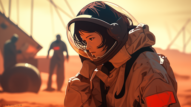 Teen girl in space suit talks on radio as others work on machinery in background.
