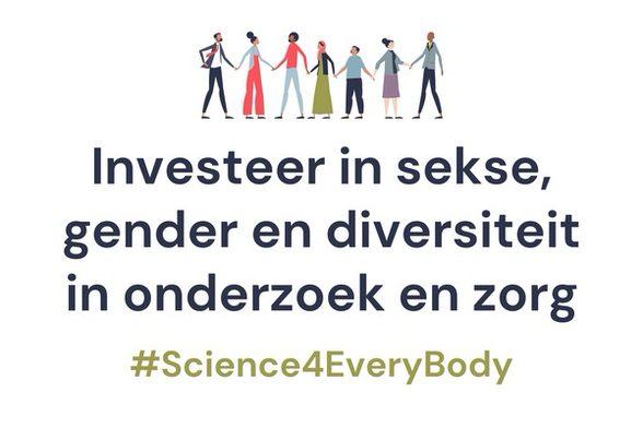 Een witte achtergrond met bovenin zeven mensen die hand in hand naast elkaar staan. Eronder staat de tekst “Investeer in sekse, gender en diversiteit in onderzoek en zorg”. Daaronder staat de tekst “#Science4EveryBody
