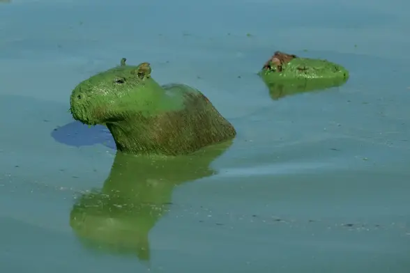 Two Capybaras are covered in bright green slime.