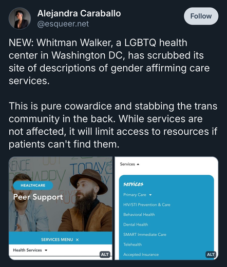 Picture explaining that a Washington DC lgbt health center has now cut off any evidence of trans care from their website and services. 