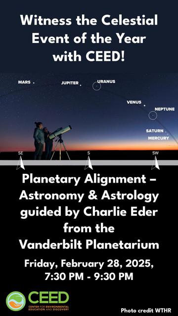 Witness the Celestial Event of the Year with CEED!
Planetary Alignment – Astronomy & Astrology Nature Programs
Save the date—February 28, 2025—for a spectacular night under the stars! Experience the awe-inspiring sight of seven planets—Saturn, Mercury, Neptune, Venus, Uranus, Jupiter, and Mars—aligning in a rare and breathtaking celestial display. Whether you're an avid astronomer or a casual stargazer, this extraordinary event is not to be missed!
Why You Should Attend:
🔭 Expert Insights – Charlie Eder from Vanderbilt Planetarium will guide you through the event, offering expert tips on spotting and understanding this remarkable planetary lineup.
🌌 Unforgettable Views – At CEED, observe Mercury, Venus, Jupiter, and Mars with the naked eye, while binoculars or a small telescope will unveil Uranus and Neptune’s hidden beauty.
✨ A Cosmic Challenge – Saturn, the most elusive of the lineup, awaits those eager to discover its subtle glow in the night sky.
Dress Warm, bring your stargazing essentials, and join us just after sunset to witness this rare planetary alignment—an event that only occurs once every 15 years. 
📍 Reserve your spot now and be part of an extraordinary night where astronomy meets astrology!
Price:This program is free but donations are appreciated!
Schedule: Friday, February 28, 2025, 7:30 PM - 9:30 PM
Register at Linktree or Ceedli.org
Amilia https://app.amilia.com/store/en/art-and-nature-group-inc-dba-ceed/api/Activity/Detail?activityId=xq5R9A1



