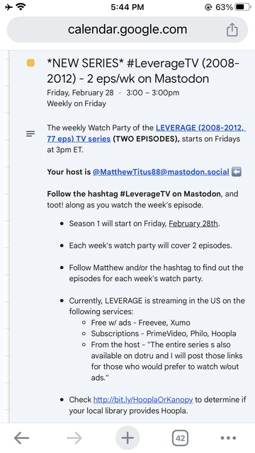 The weekly Watch Party of the LEVERAGE (2008-2012, 77 eps) TV series (TWO EPISODES), starts on Fridays at 3pm ET.

Your host is @MatthewTitus88@mastodon.social ⬅️

Follow the hashtag #LeverageTV on Mastodon, and toot! along as you watch the week's episode.
Season 1 will start on Friday, February 28th.

Each week's watch party will cover 2 episodes.

Follow Matthew and/or the hashtag to find out the episodes for each week's watch party.

Currently, LEVERAGE is streaming in the US on the following services:
Free w/ ads - Freevee, Xumo
Subscriptions - PrimeVideo, Philo, Hoopla
From the host - "The entire series s also available on dotru and I will post those links for those who would prefer to watch w/out ads."

Check http://bit.ly/HooplaOrKanopy to determine if your local library provides Hoopla.
