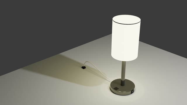 a 3d render of a desk lamp with white lamp shade and shiny metallic base