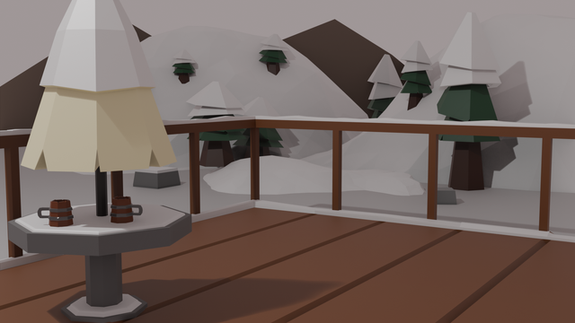 a 3d render of a cozy Mountain View from wood deck
