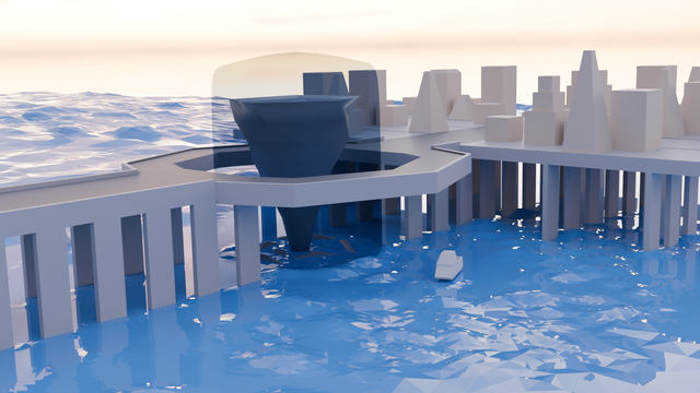 a 3d render of a bridge across a vast ocean leading to a city. In the bridge a tornado has been harnessed under a dome
