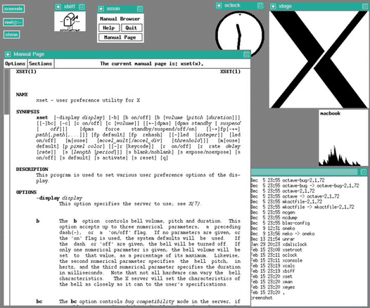 A retro desktop screenshot with xterm, xman, oclock, and other application windows, showing a Unix manual page for xset.