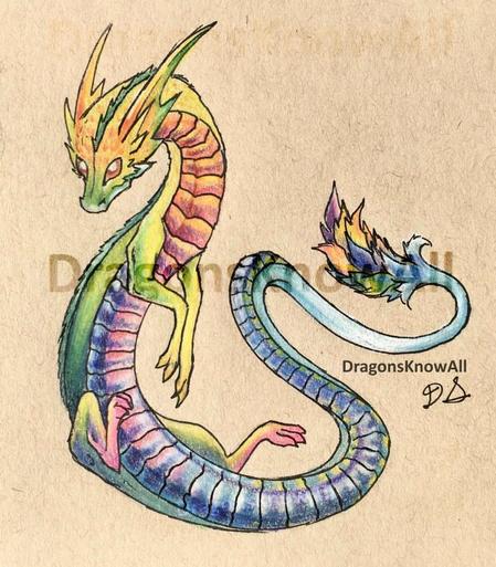 Colored pencil drawing of a cute dragon.  Very rainbow colors.  An artwork created by DragonsKnowAll.  