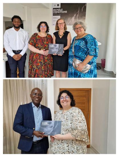 photo avec Sandrine Platteau, ambassadrice de Belgique et Cécile Quenum (En mâle d'émotions) à la galerie Zato et photo de cindy vandermeulen (courgette éditions) et william Codjo de l'ADAC Bénin