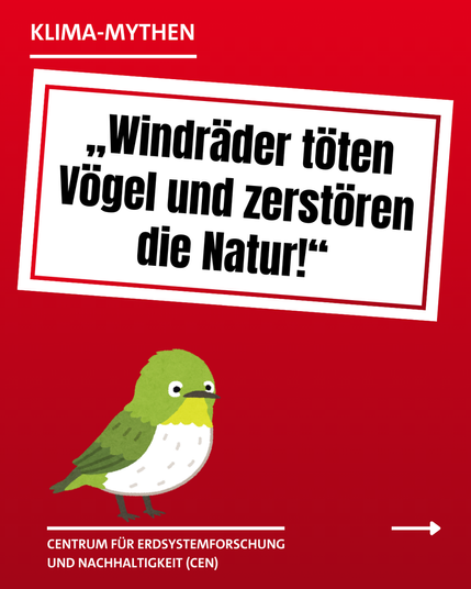 Klima-Mythen: Ein Schild mit der Aufschrift "Windräder töten Vögel und zerstören die Natur!", darunter ein grüner Vogel im Comic-Stil.