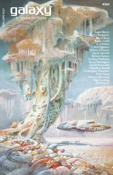 The front cover of the Galaxy Science Fiction Magazine issue #263, featuring Bruce Pennington's artwork Fungus Gigantica.
