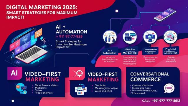 "Digital Marketing 2025: Smart Strategies for Maximum Impact! Infographic highlighting AI + Automation, Video-First Marketing, and Conversational Commerce. Key elements include AI-powered automation, short-form video platforms, chatbots, messaging apps, voice analytics, and digital commerce strategies. Contact: +91 977-777-8612."
