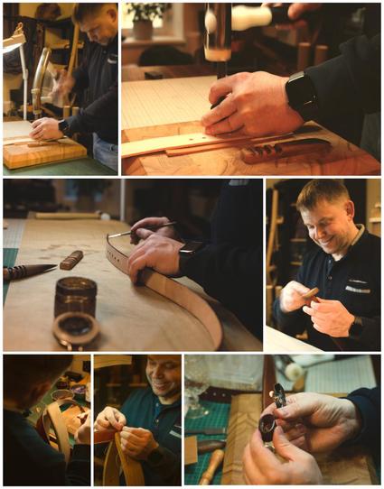 This is a collage of seven photos taken in my workshop during a leather craft course. The photos are of my student and how he is working on the leather belt. 
