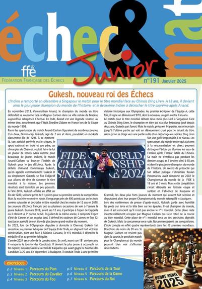 An article from a chess magazine titled "échecs & mat Junior," featuring an image of Gukesh, the new chess champion, celebrating his victory against Ding Liren in Singapore, along with details about his achievements and the history of chess championships.