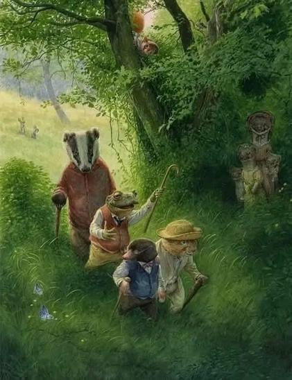 Humanoid animal characters such as a Mole, a Rat, a Badger and a Toad dressed in a early XXth century style are walking together through a meadow
