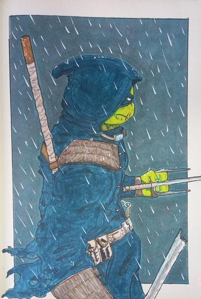 Image of the ninja turtle from the last ronin mini arc comic story. 

Sole survivor of the ninja turtles brothers stands in the rain. A sai I'm his left hand and broken kitana in his right. 