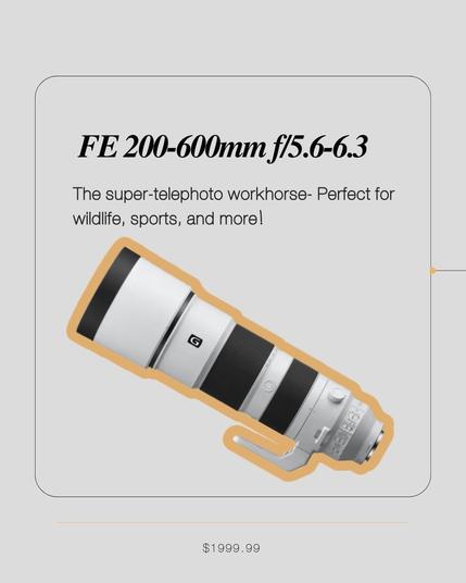 Promotional graphic featuring the Sony FE 200-600mm f/5.6-6.3 G OSS lens. The lens is displayed at an angle with a gold outline. The text describes it as 'The super-telephoto workhorse—Perfect for wildlife, sports, and more!' The price of $1999.99 is listed at the bottom of the graphic. The background is light gray with a rounded rectangular design element framing the text and lens image.
