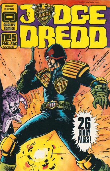 The front cover of Judge Dredd 2:5 for February 1987, featuring cover art by Steve Dillon of Judge Dredd in a scene from the story The Highwaymen. Also includes the story Portrait of a Politician.