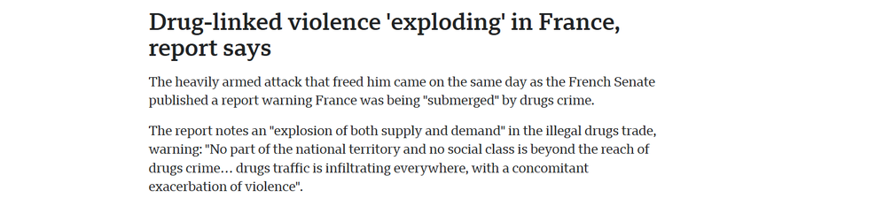 Drug-linked violence 'exploding' in France,
report says

The heavily armed attack that freed him came on the same day as the French Senate
published a report warning France was being "submerged" by drugs crime.

The report notes an "explosion of both supply and demand" in the illegal drugs trade,
‘warning: "No part of the national territory and no social class is beyond the reach of
drugs crime... drugs traffic is infiltrating everywhere, with a concomitant
exacerbation of violence".
