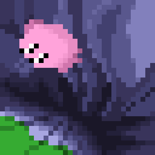 A meme image of kirby falling into a ravine