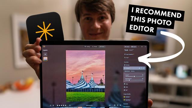 Thumbnail of the video. Me holding a tablet with Luminar Neo opened in it on the edit page.