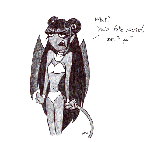 Cleo scowling and saying, "What? You're fake-married, aren't you?"