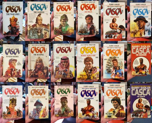 A composite of 18 photos from the "Casca: The Eternal Warrior" men's adventure paperback series created by Barry Sadler. Some covers feature famous romance novel cover model, Fabio.