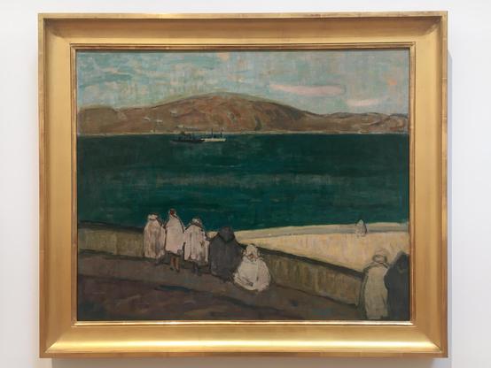A vibrant painting of figures on a beach, with the ocean stretching out in the background.