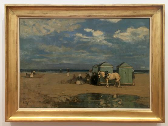 A serene painting depicting horses on the beach with a boat gently floating in the background, capturing a tranquil seaside scene.