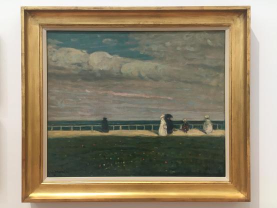 A serene painting illustrating beachgoers amidst a beautiful ocean view, capturing the essence of a day by the sea.
