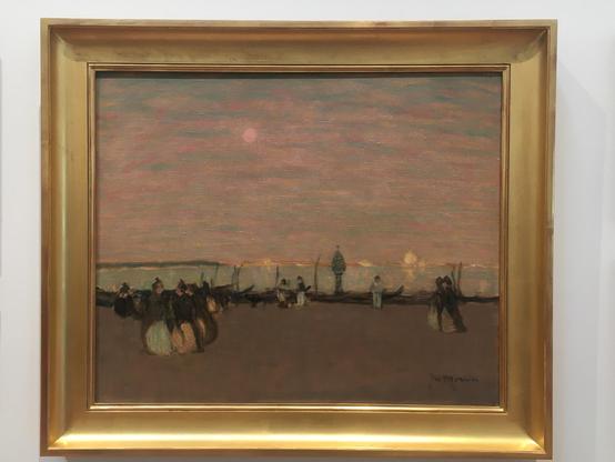 An artistic representation of people leisurely walking on a beach at sunset, capturing the beauty of the fading light and waves.