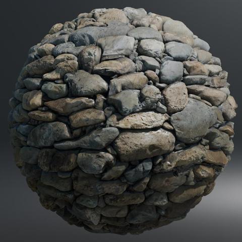 A PBR Rocks Wall shader on a sphere mesh rendered with Blender 3D