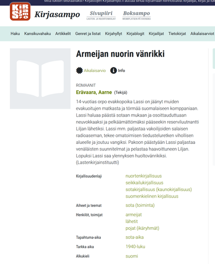 Kirjasammon mukaan "Armeijan nuorin vänrikki" kertoo 14-vuotiaasta orpopojasta joka sattumien kautta ylennetään huoltovänrikiksi.
