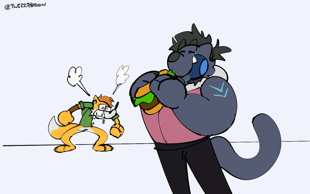 a binturong in a pink short sleeve hoodie and black sweat pants about to eat a burger while an orange fox with a green hoodie is looking in the distance