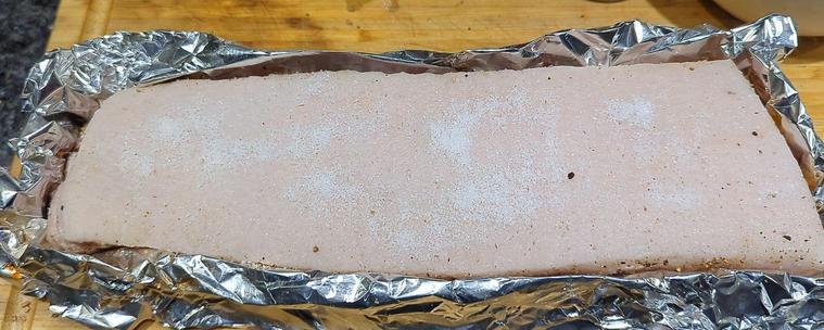 Pork belly with salt applied before going into the fridge overnight 