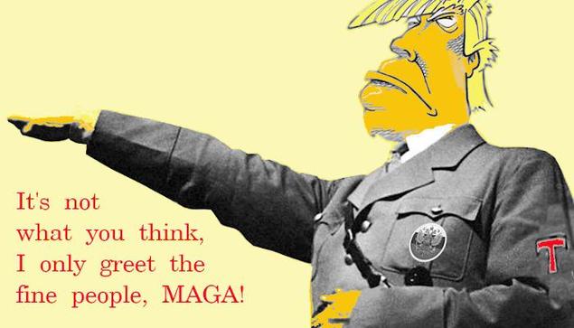 Description of the content: 
Image - Composition of various graphic elements showing a fictitious wannabe god-emperor with a Nazi salute.
Text - It's not what you think, I only greet the fine people! 

Political Fictional Parody: 
Any Resemblance To Living Or Real People Is Purely Coincidental.