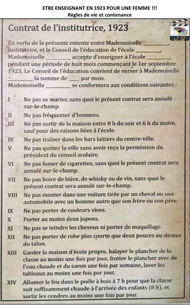 Liste des interdits pour une institutrice en 1923. Exemple : ne pas se marier, ne pas boire d’alcool, ne pas fumer de cigarettes, ne pas monter dans la voiture d’un homme s’il n’est ni ton frère ni ton père…
