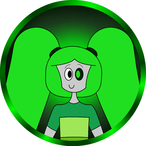 Bust drawing of a happy Technetium. The bust border and background are both green.