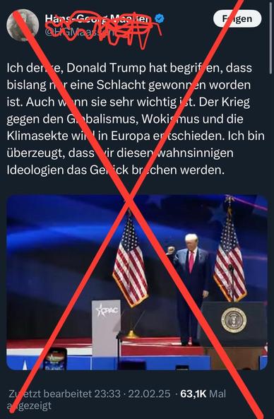 Ich denke, Donald Trump hat begriffen, dass
bislang nur eine Schlacht gewonnen worden ist. Auch wenn sie sehr wichtig ist. Der Krieg gegen den Globalismus, Wokismus und die Klimasekte wird in Europa entschieden. Ich bin
überzeugt, dass wir diesen wahnsinnigen
Ideologien das Genick brechen werden.
