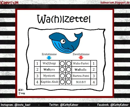 Kät-Toon
Wa(h)lzettel mit Wal drauf
Erststimme & Zweitstimme
- Wa(l)lugi & Walu-Partei
- WALkyra & WALhalla
- Mysticeti & Barten-Patei
- Käpt'n Ahab - M.O.B.Y.