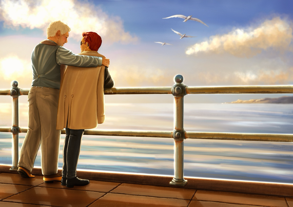 A digital drawing depicts a pier overlooking a tranquil seaside coast, with soft hills rolling in the background and seagulls soaring through the air. Aziraphale and Crowley stand side by side, bathed in the golden light of the setting sun. Crowley leans against the handrail, his posture relaxed, while Aziraphale gently drapes his coat over him, a warm smile on his lips.