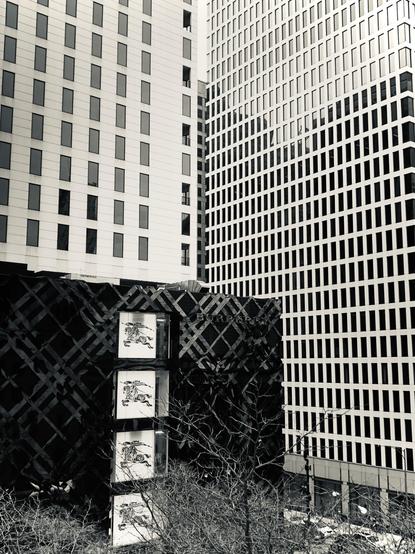 Black and white photo. Facades of three skyscrapers, one of which is the Burberry flagship store. The result or effect is one of multiple rectilinear patterns. 