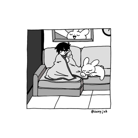 An illustration of a boy and a rabbit on a sofa.