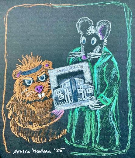 A colorful free-hand drawing featuring a hamster with a headband and an angry expression, standing alongside a rat wearing a green hooded jacket. They hold a vinyl cover displaying the text "SURREAL FATAL" along with abstract architectural images. The background is dark.