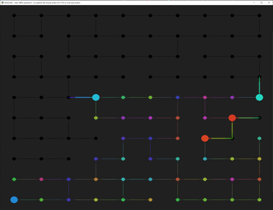 A grid of dots and lines on a dark background. some dots are connected by lines, some aren't. Some dots and lines are black, others are colored in different colors.