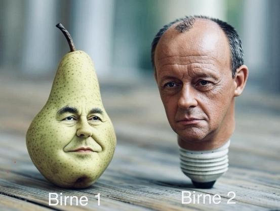 Das Bild zeigt zwei Objekte nebeneinander: links eine Birne mit dem Gesicht von Helmut Kohl, mit der Bezeichnung "Birne 1", und rechts ein glühbirnenförmiger Kopf von Friedrich Merz, der auf einem Gewinde ruht, mit der Bezeichnung "Birne 2“.