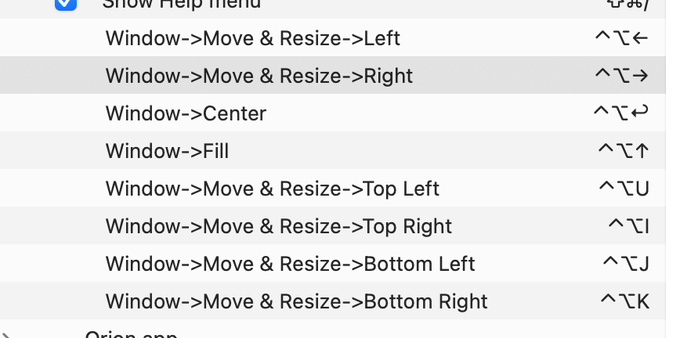 A menu showing window management keyboard shortcuts in the MacOS system settings: Left (^⌥←), Right (^⌥→), Center (^⌥↩), Fill (^⌥↑), Top Left (^⌥U), Top Right (^⌥I), Bottom Left (^⌥J), and Bottom Right (^⌥K). Each shortcut uses Control (^), Option (⌥), and a directional key or letter.