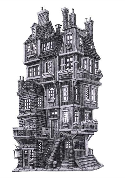 Black and white stippled image of a house made up of lots of different rooms stacked on top of each other