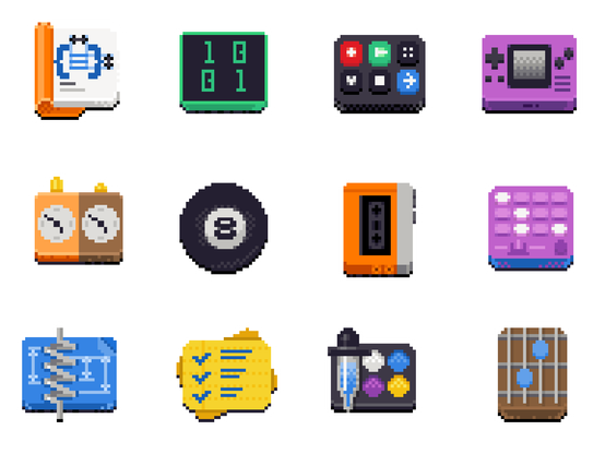 GNOME Circle app icons in pixel art form:   Biblioteca, Binary, Boatswain, Cartridges Chess Clock, Clairvoyant, Decibels, Drum Macine, Elastic, Errands, Eyedropper, Fretboard.